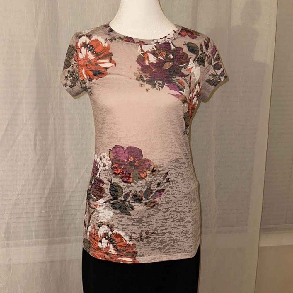 INC S Crewneck Earth Tone Tan Orange Purple Green Floral Embellished Tee
